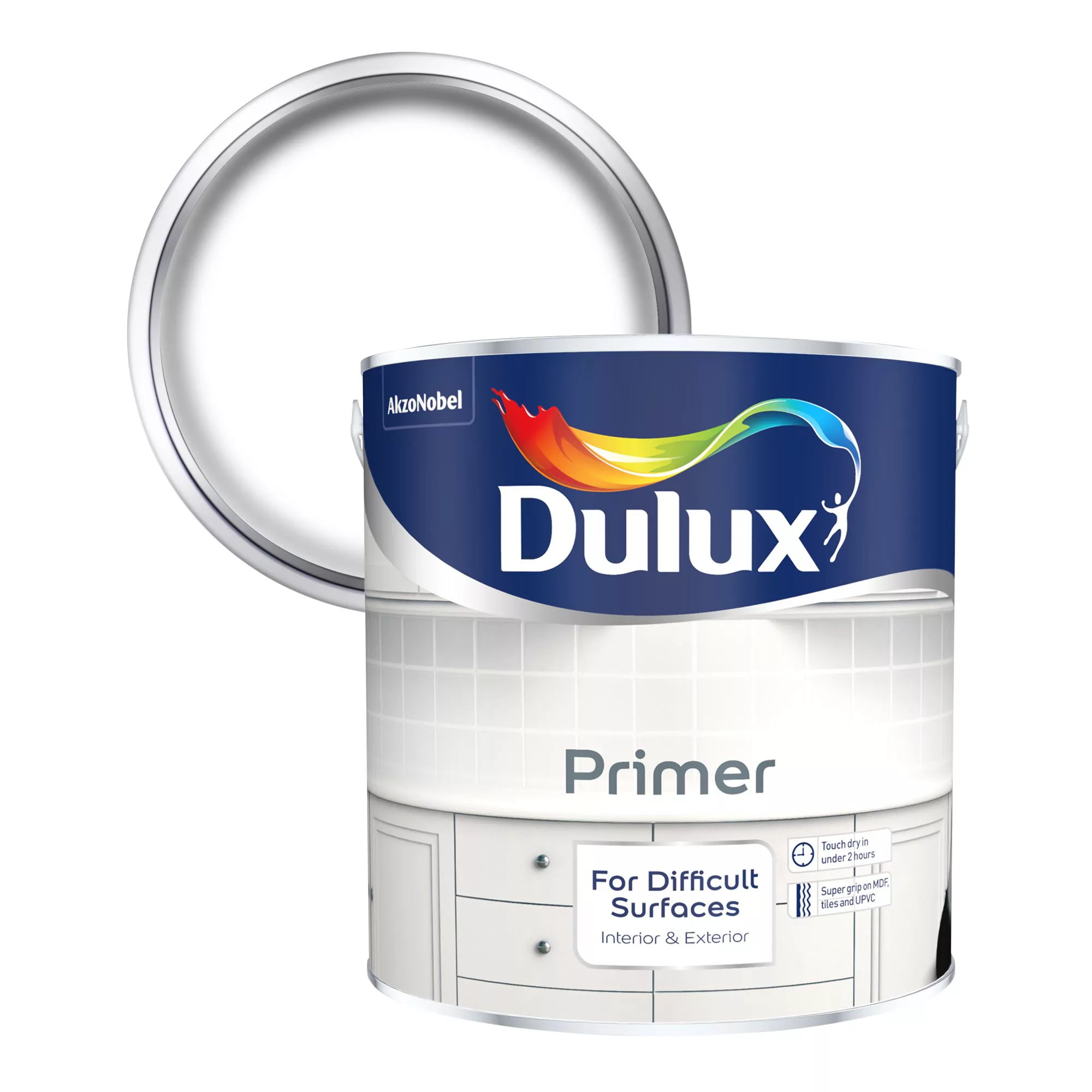 Dulux Difficult Surfaces White Primer & Undercoat, 2.5L 1 Dulux Difficult Surfaces White Primer & Undercoat, 2.5L