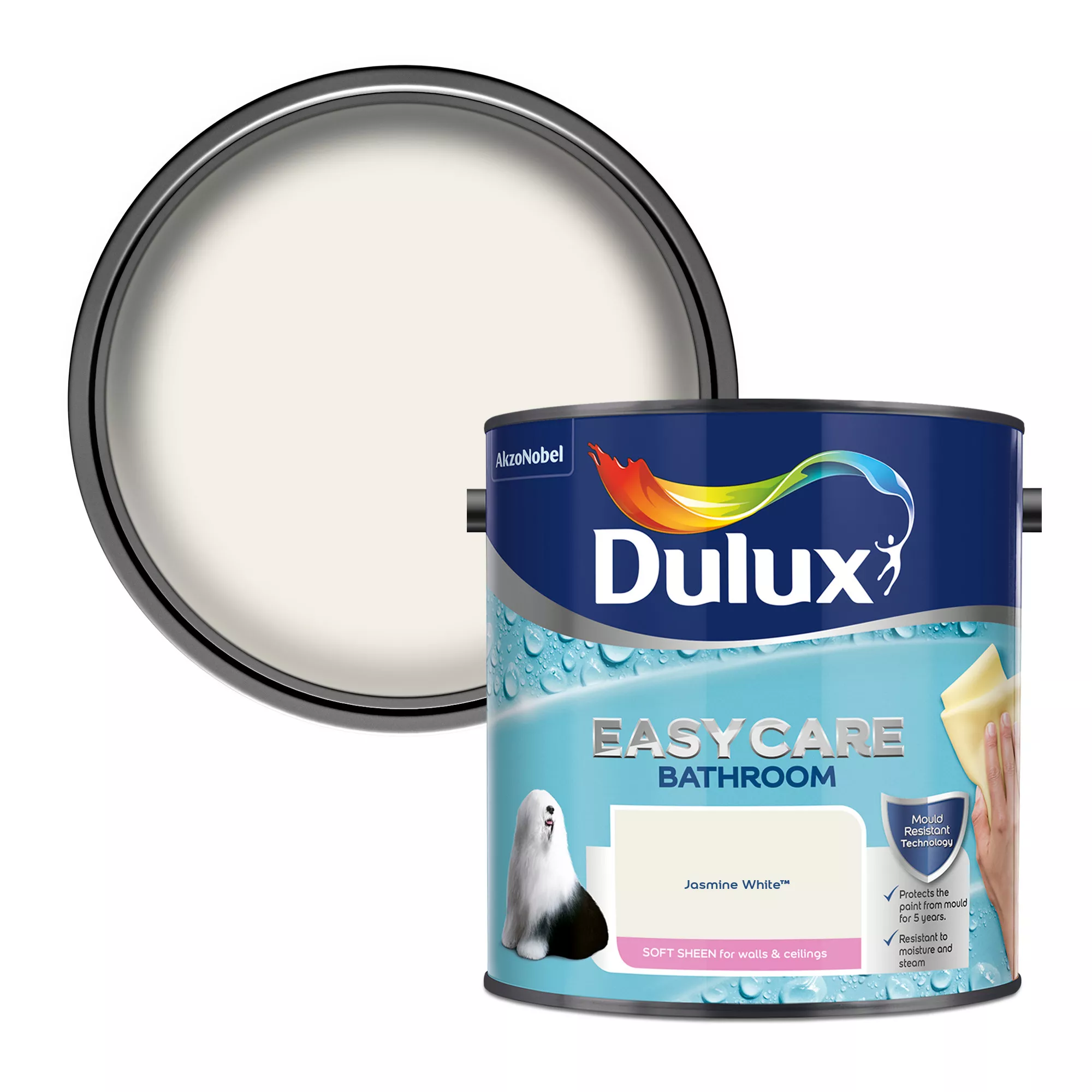 Dulux Easycare Bathroom Jasmine White Soft Sheen Emulsion Paint, 2.5L 1 Dulux Easycare Bathroom Jasmine White Soft Sheen Emulsion Paint, 2.5L