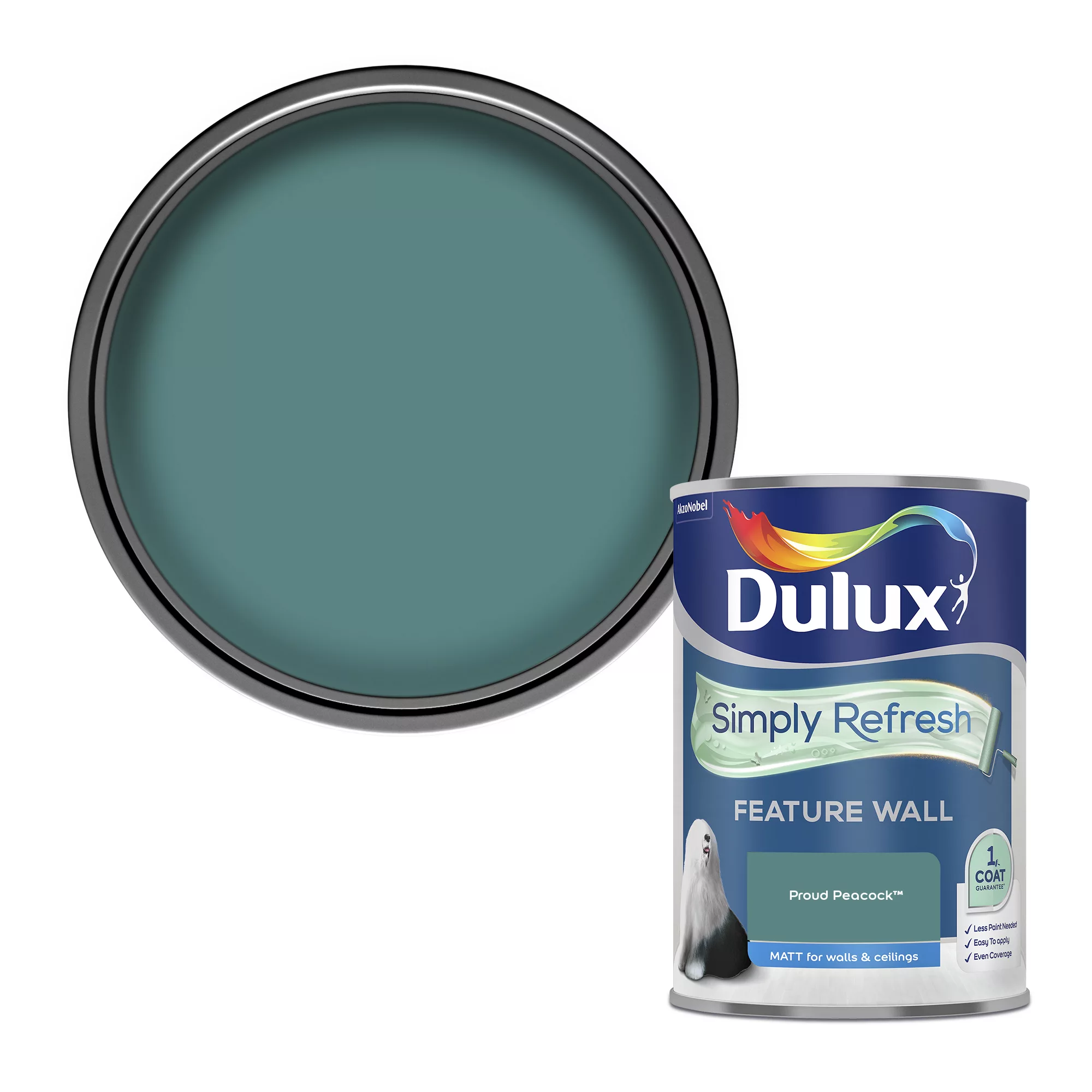 Dulux One Coat Proud Peacock Matt Emulsion Paint, 1.25L 1 Dulux One Coat Proud Peacock Matt Emulsion Paint, 1.25L