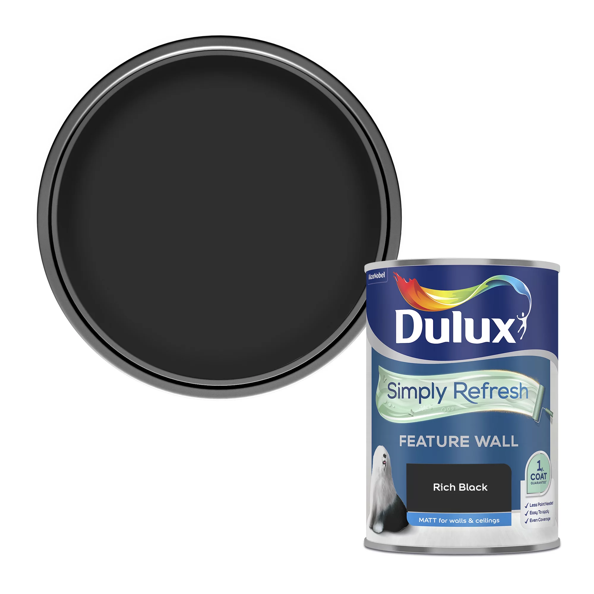 Dulux One Coat Rich Black Matt Emulsion Paint, 1.25L 1 Dulux One Coat Rich Black Matt Emulsion Paint, 1.25L