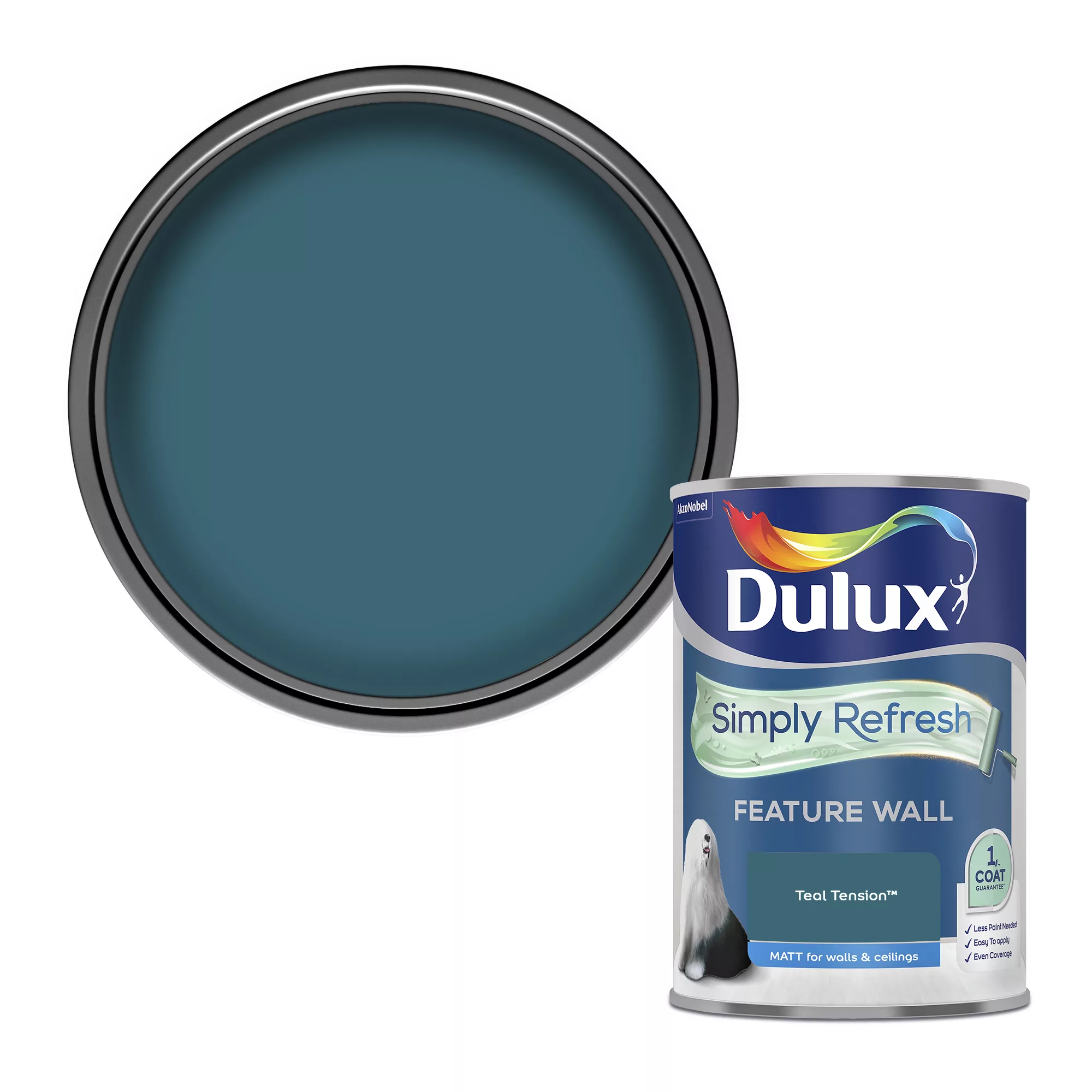Dulux One Coat Teal Tension Matt Emulsion Paint, 1.25L 1 Dulux One Coat Teal Tension Matt Emulsion Paint, 1.25L