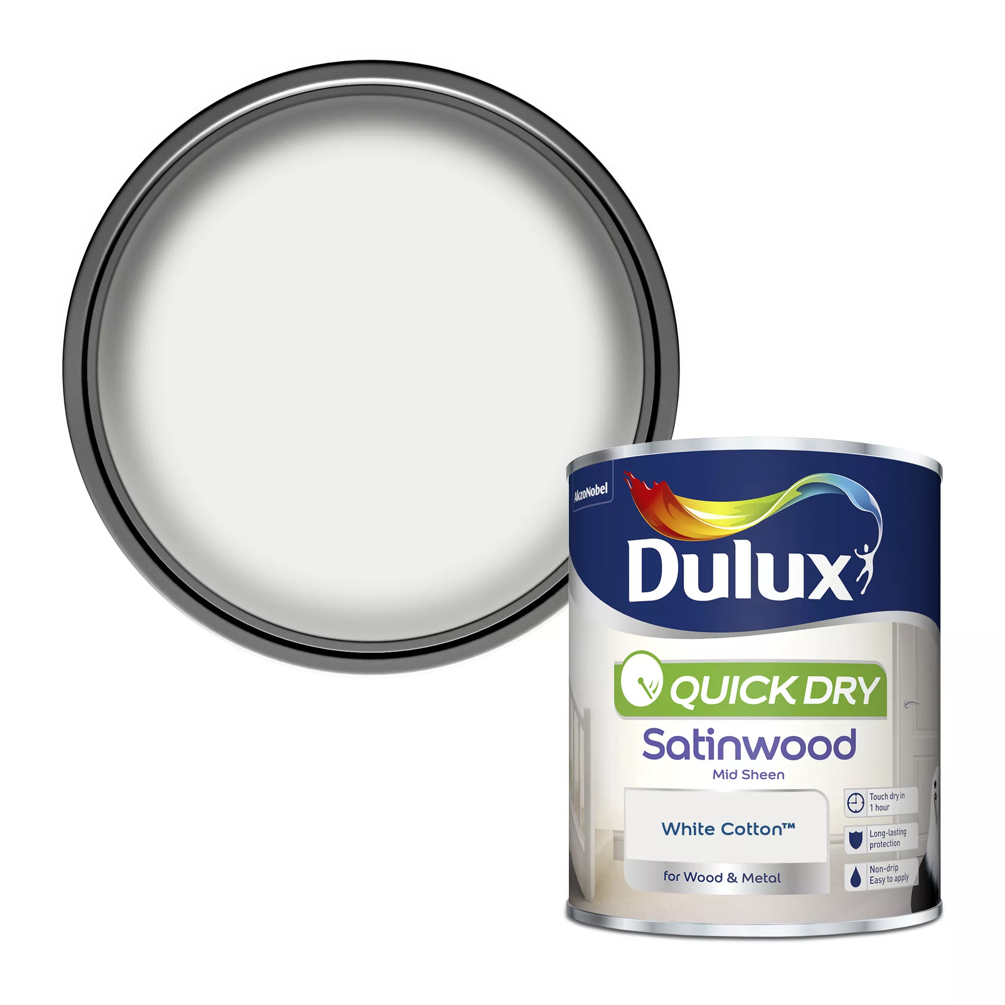 Dulux Quick Dry White Cotton Satinwood Metal & Wood Paint, 750ml 1 Dulux Quick Dry White Cotton Satinwood Metal & Wood Paint, 750ml