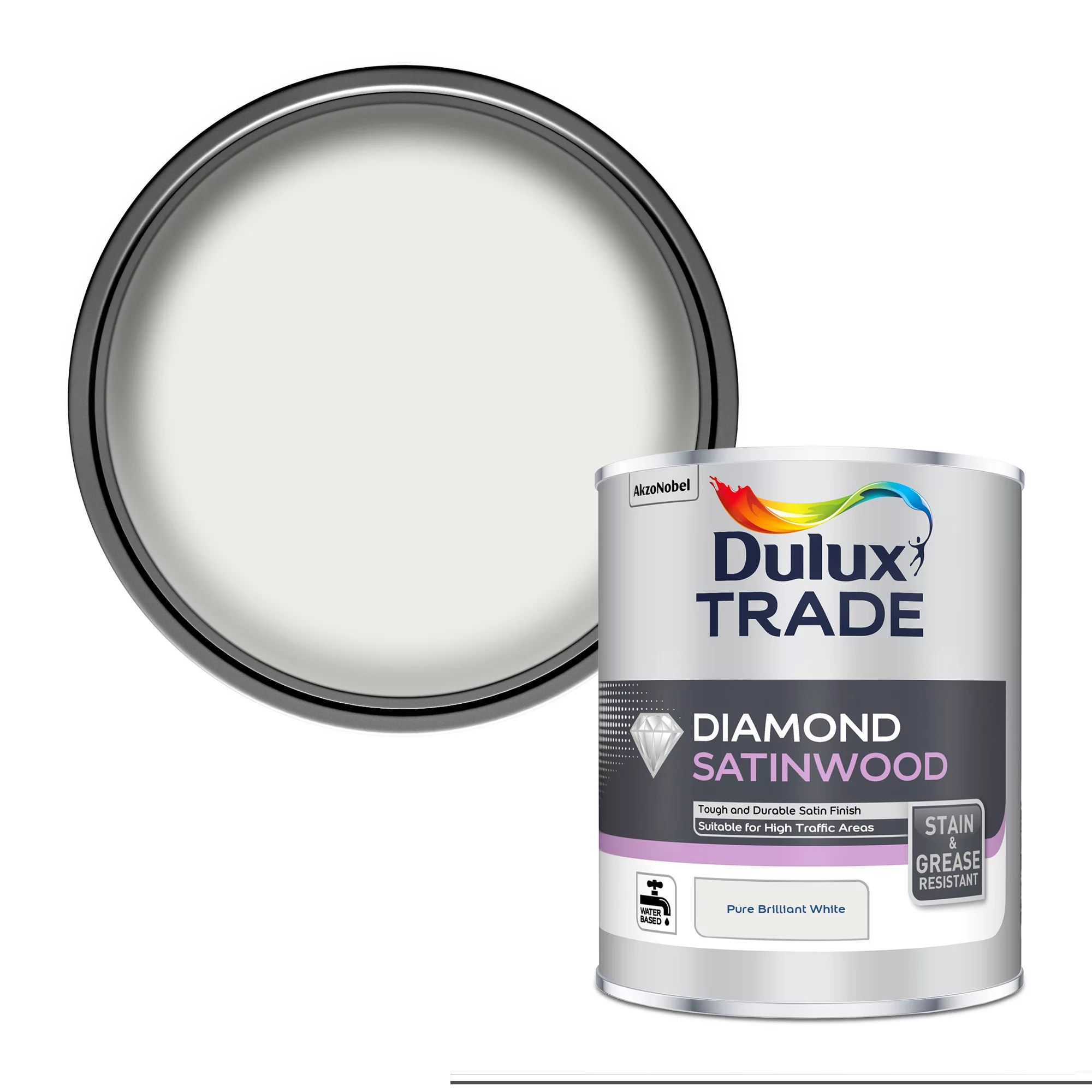 Dulux Trade Diamond Pure Brilliant White Satinwood Metal & Wood Paint, 1L 1 Dulux Trade Diamond Pure Brilliant White Satinwood Metal & Wood Paint, 1L