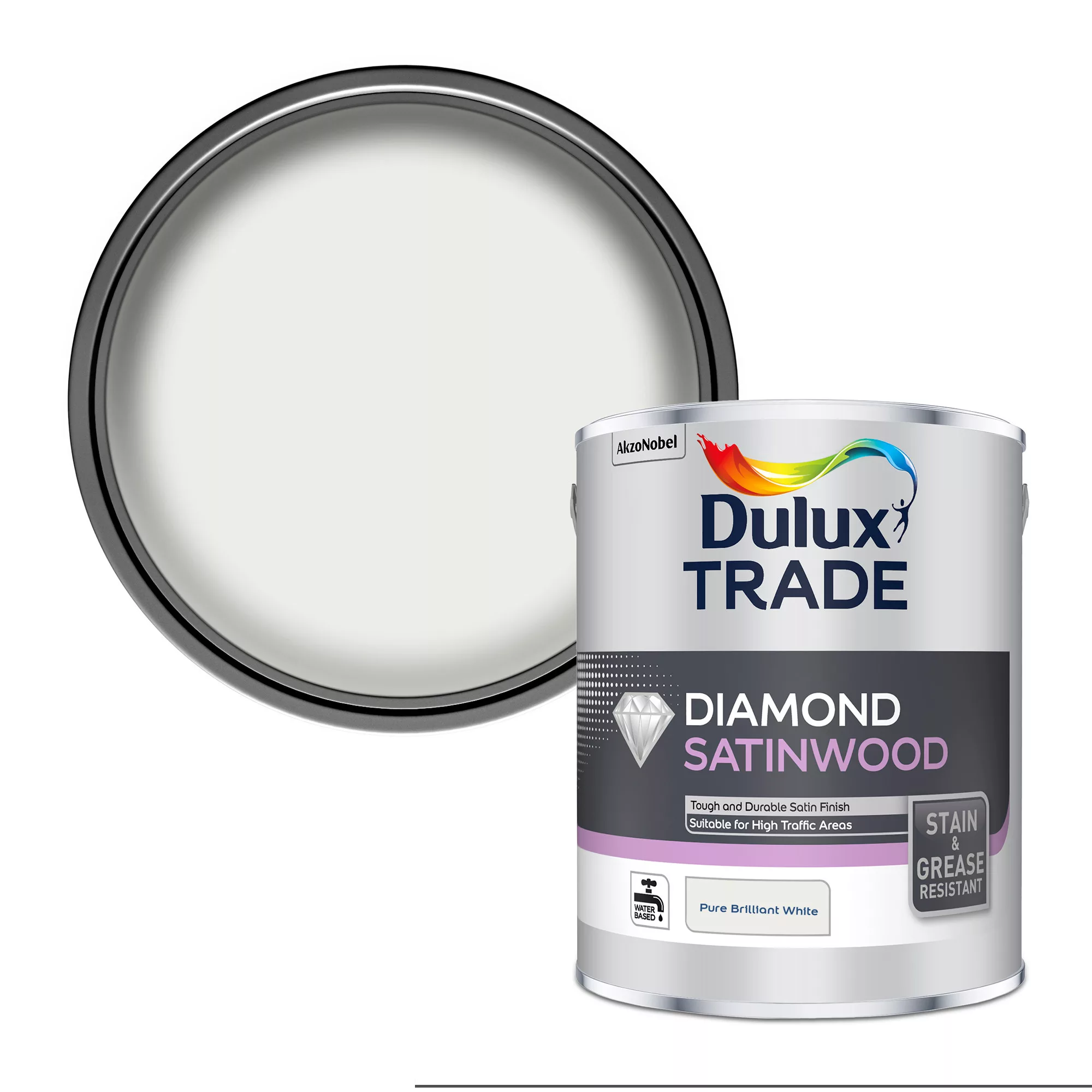Dulux Trade Diamond Pure Brilliant White Satinwood Metal & Wood Paint, 2.5L 1 Dulux Trade Diamond Pure Brilliant White Satinwood Metal & Wood Paint, 2.5L