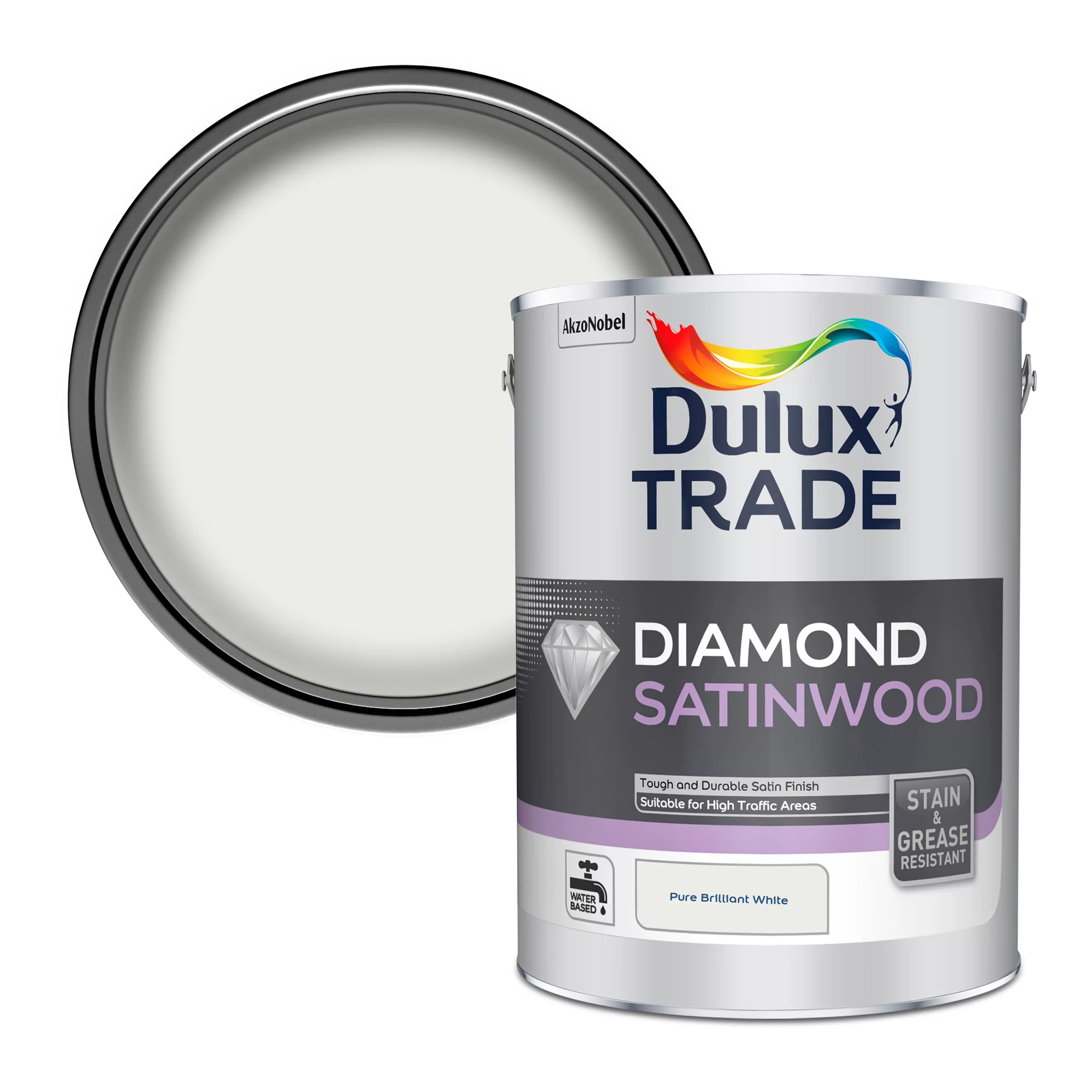 Dulux Trade Diamond Pure Brilliant White Satinwood Metal & Wood Paint, 5L 1 Dulux Trade Diamond Pure Brilliant White Satinwood Metal & Wood Paint, 5L