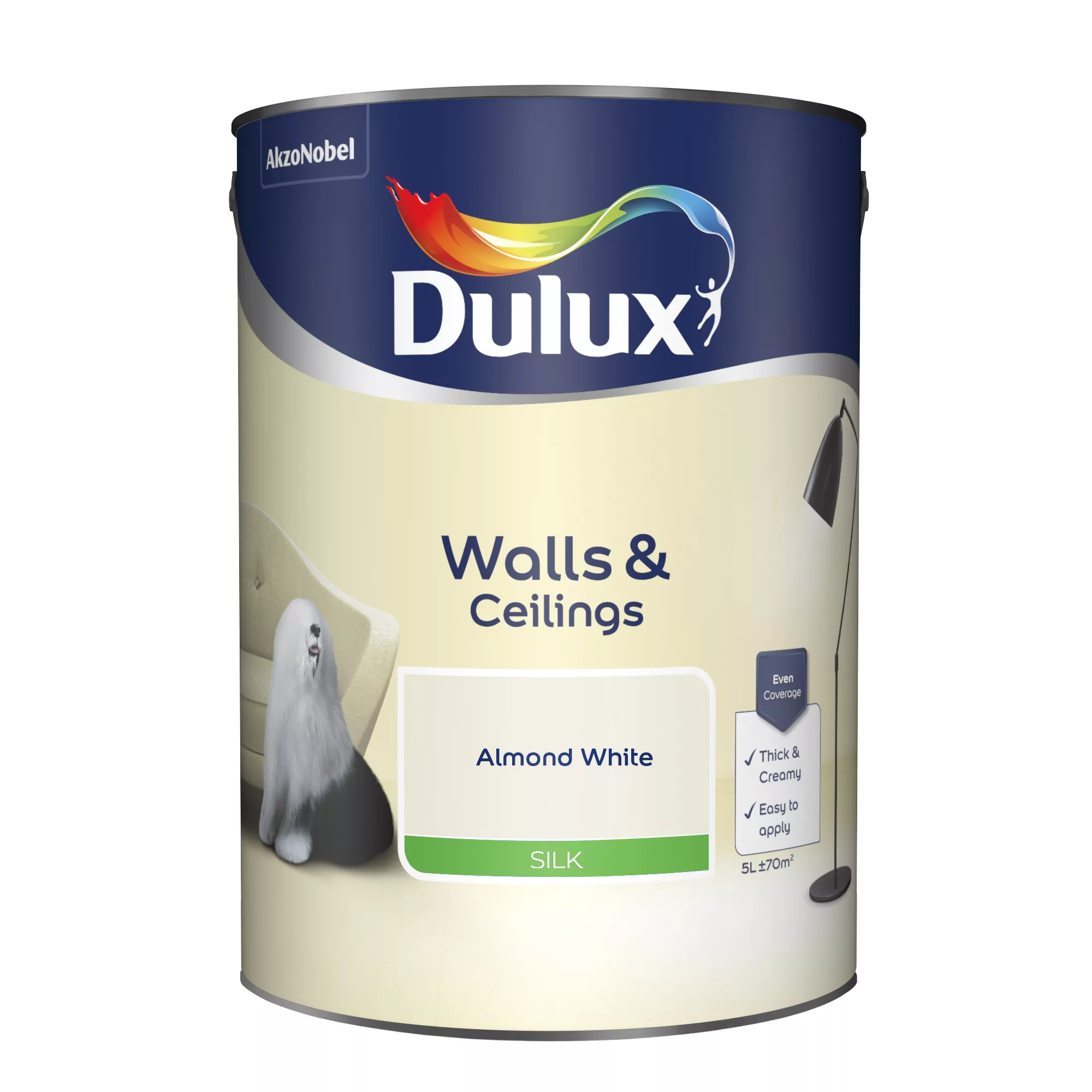 Dulux Walls & Ceilings Almond White Silk Emulsion Paint, 5L 2 Dulux Walls & Ceilings Almond White Silk Emulsion Paint, 5L - Image 2