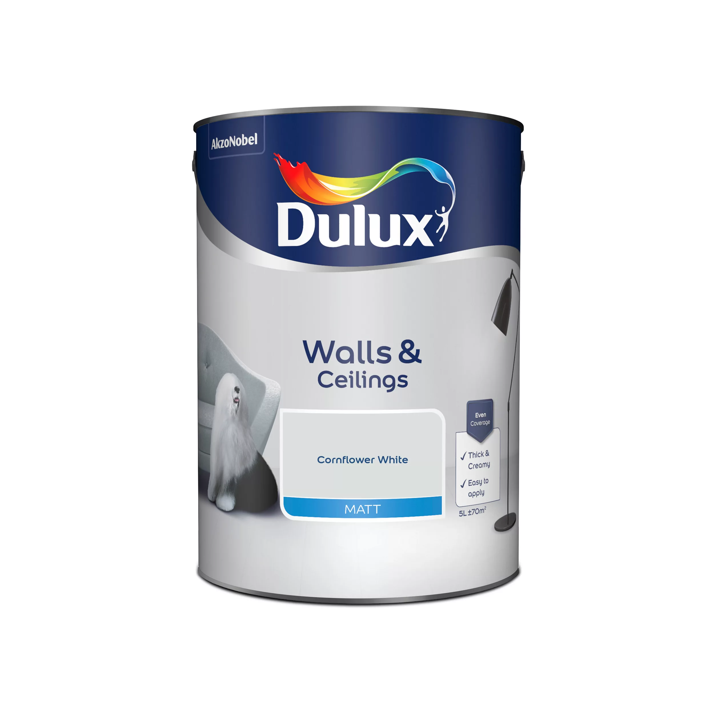 Dulux Walls & Ceilings Cornflower White Matt Emulsion Paint, 5L 2 Dulux Walls & Ceilings Cornflower White Matt Emulsion Paint, 5L - Image 2