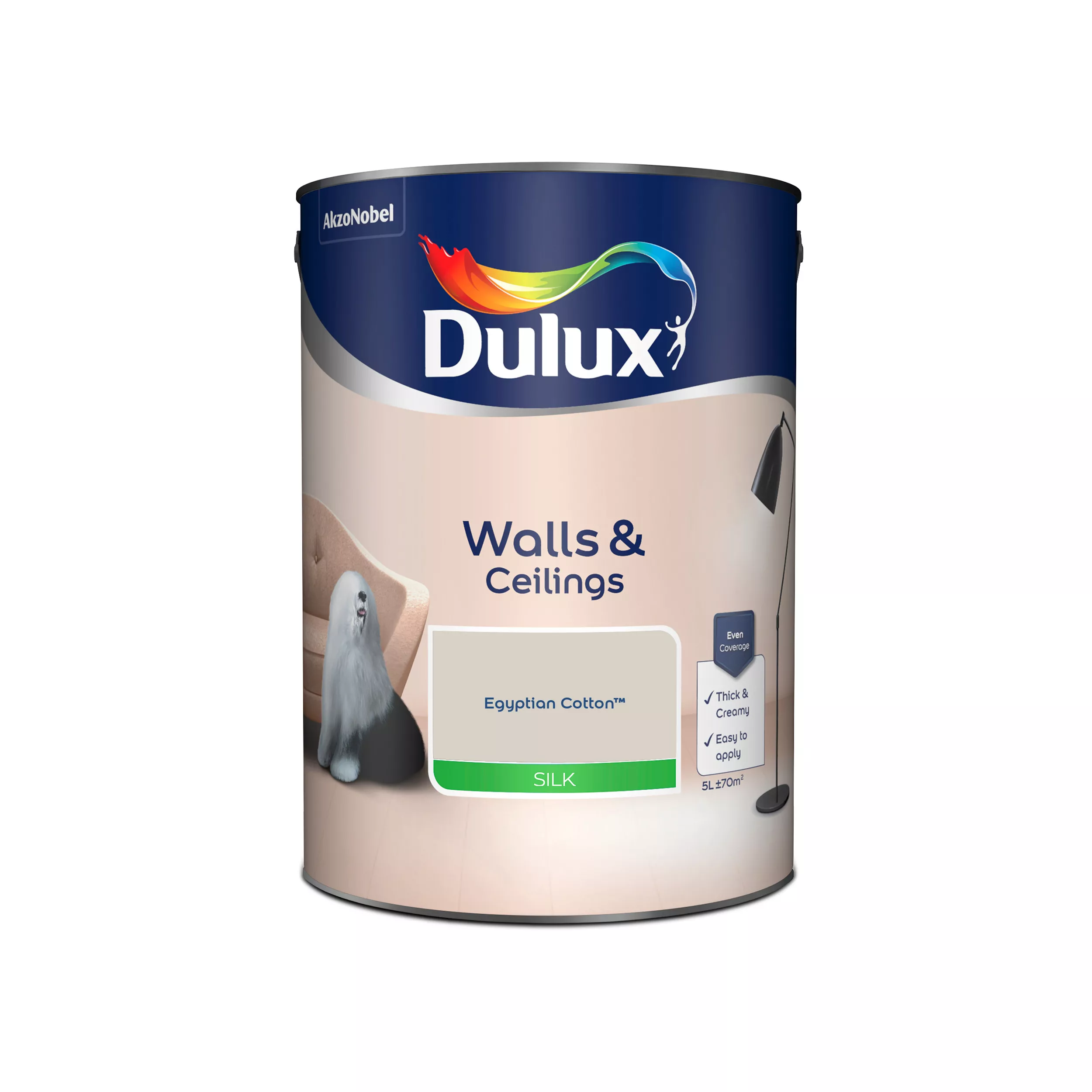 Dulux Walls & Ceilings Egyptian Cotton Silk Emulsion Paint, 5L 2 Dulux Walls & Ceilings Egyptian Cotton Silk Emulsion Paint, 5L - Image 2