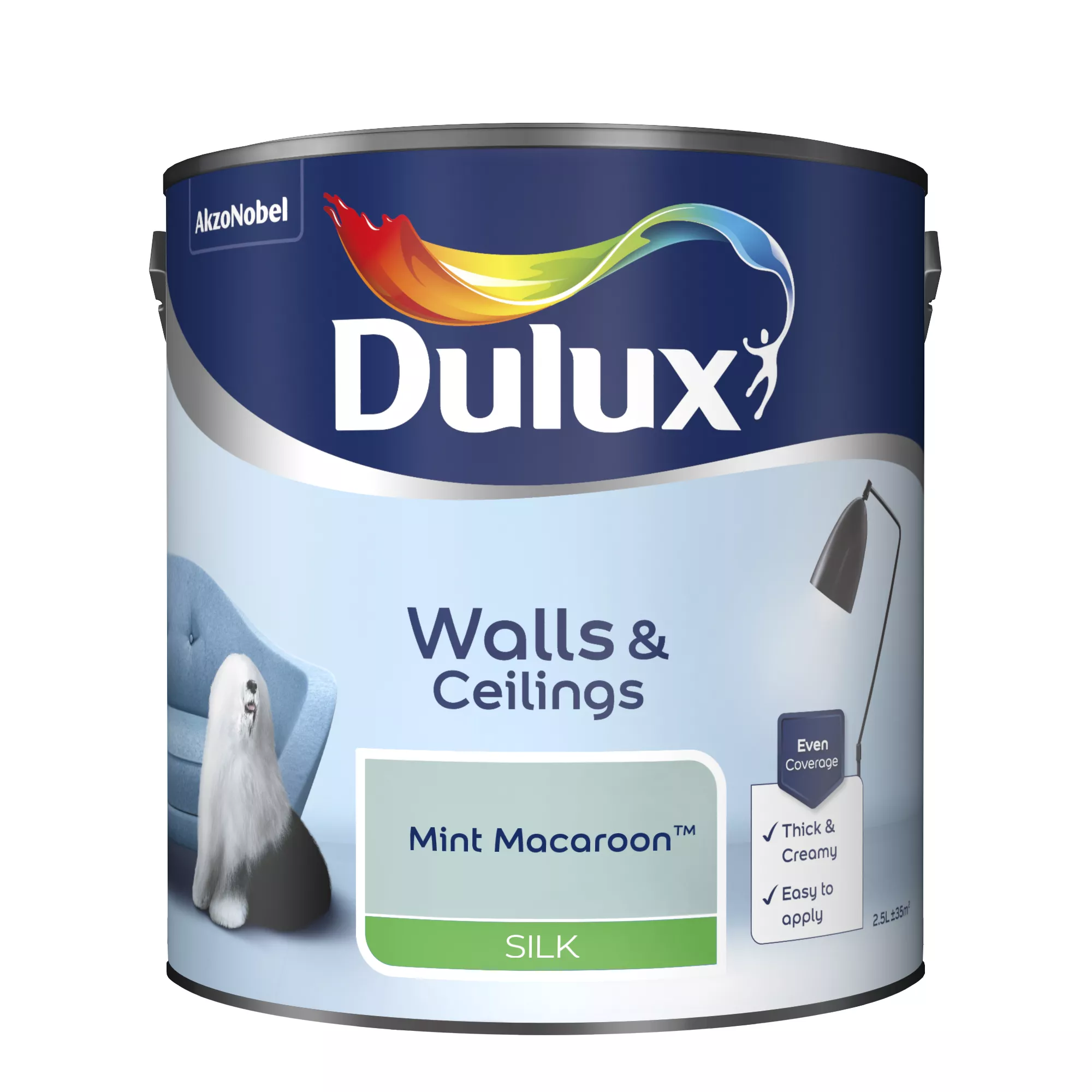 Dulux Walls & Ceilings Mint Macaroon Silk Emulsion Paint, 2.5L 2 Dulux Walls & Ceilings Mint Macaroon Silk Emulsion Paint, 2.5L - Image 2