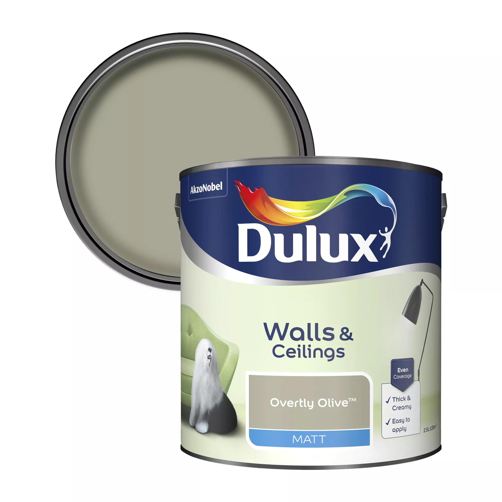 Dulux Walls & Ceilings Overtly Olive Matt Emulsion Paint, 2.5L 1 Dulux Walls & Ceilings Overtly Olive Matt Emulsion Paint, 2.5L