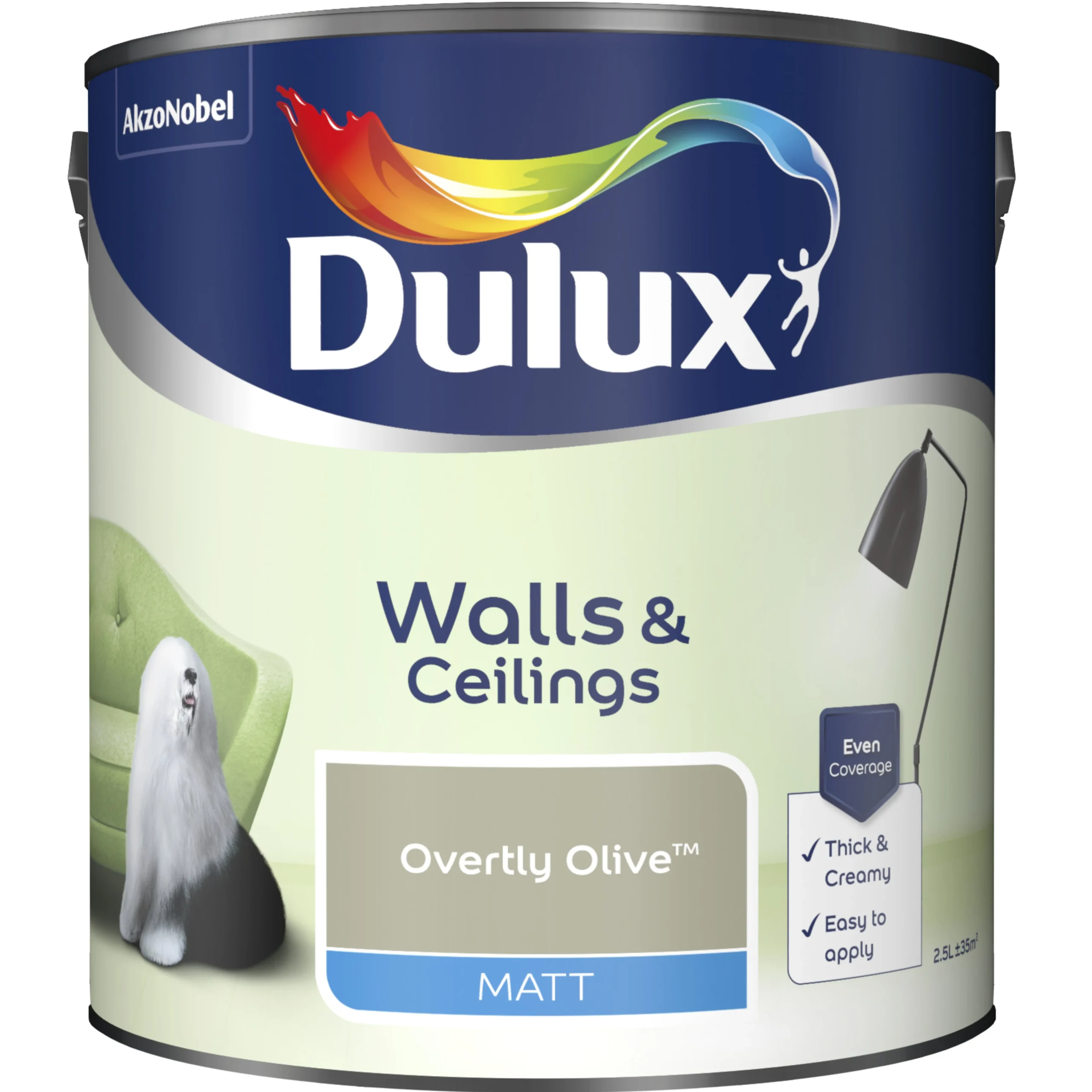 Dulux Walls & Ceilings Overtly Olive Matt Emulsion Paint, 2.5L 2 Dulux Walls & Ceilings Overtly Olive Matt Emulsion Paint, 2.5L - Image 2