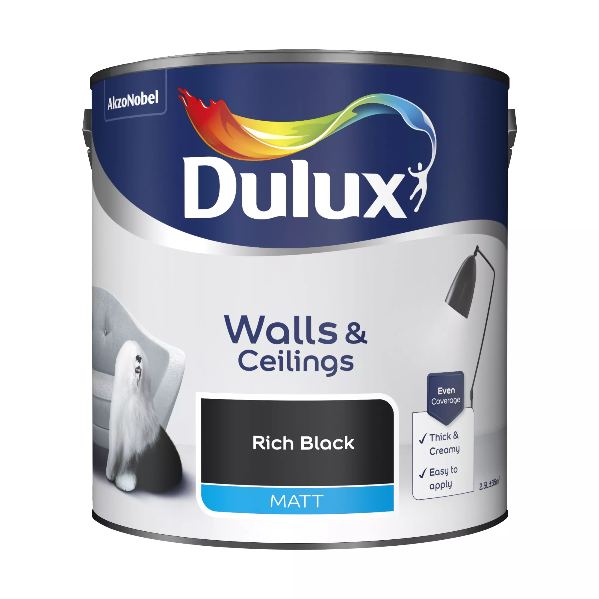 Dulux Walls & Ceilings Rich Black Matt Emulsion Paint, 2.5L 2 Dulux Walls & Ceilings Rich Black Matt Emulsion Paint, 2.5L - Image 2