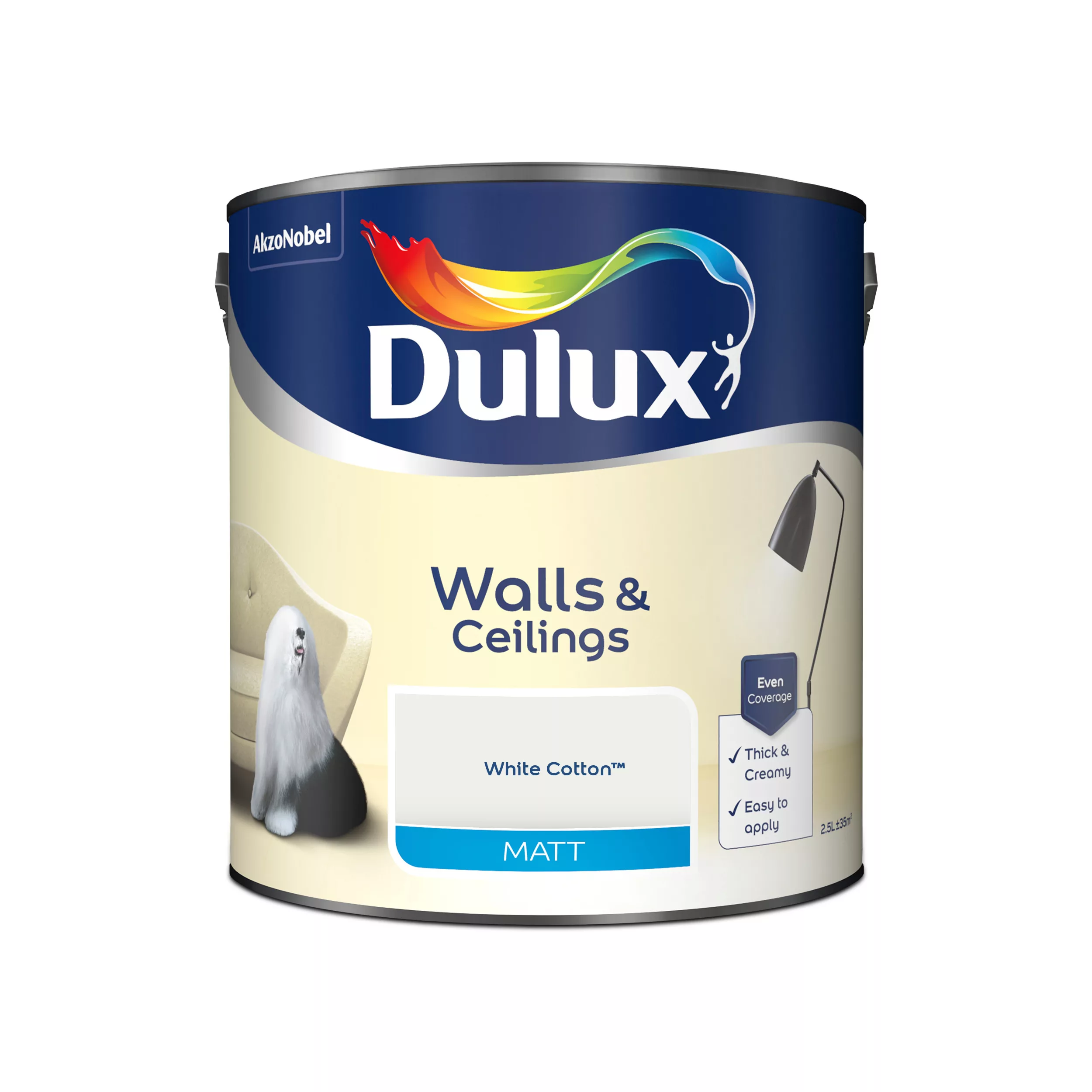 Dulux Walls & Ceilings White Cotton Matt Emulsion Paint, 2.5L 2 Dulux Walls & Ceilings White Cotton Matt Emulsion Paint, 2.5L - Image 2