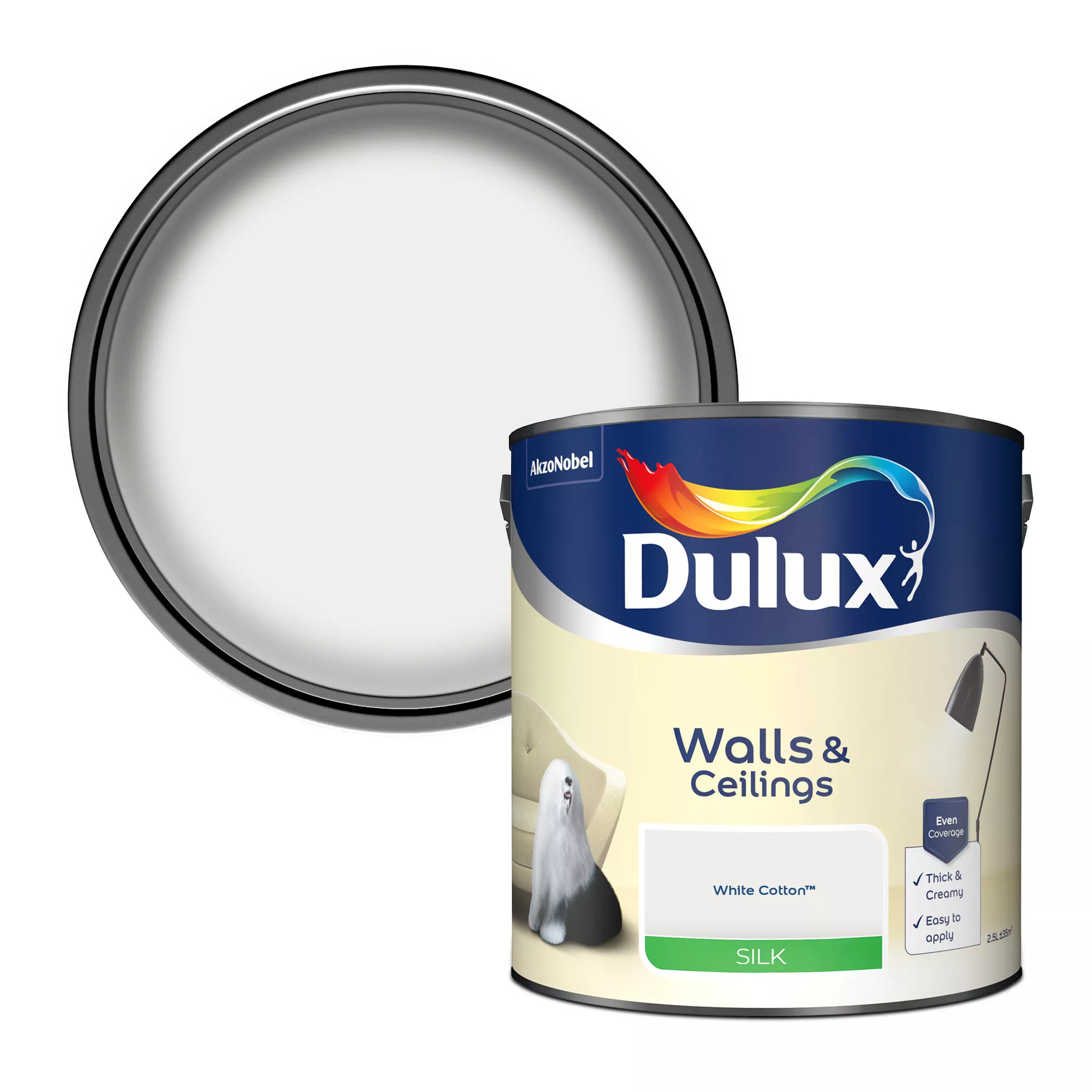 Dulux Walls & Ceilings White Cotton Silk Emulsion Paint, 2.5L 1 Dulux Walls & Ceilings White Cotton Silk Emulsion Paint, 2.5L
