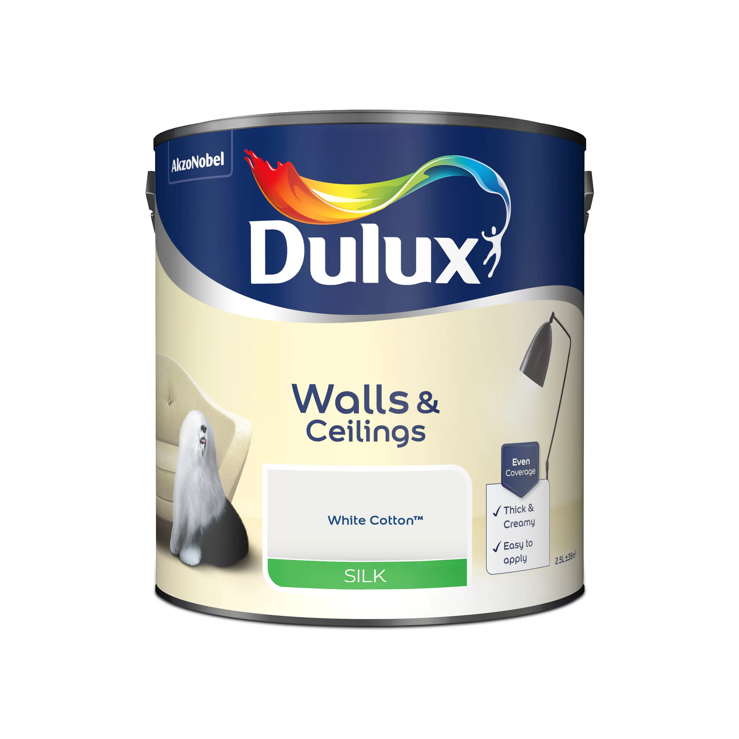 Dulux Walls & Ceilings White Cotton Silk Emulsion Paint, 2.5L 2 Dulux Walls & Ceilings White Cotton Silk Emulsion Paint, 2.5L - Image 2