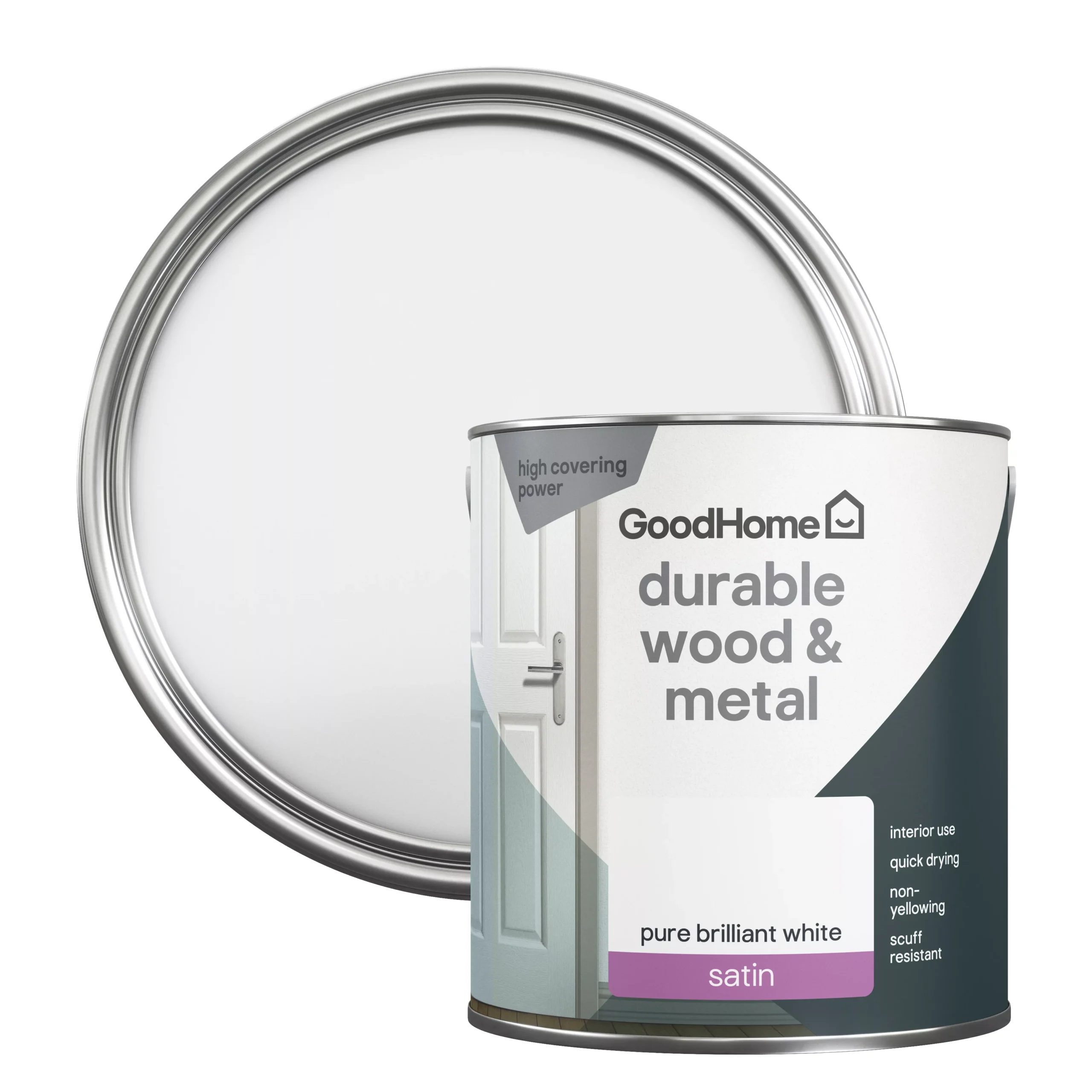 GoodHome Durable Pure Brilliant White Satinwood Metal & Wood Paint, 2.5L 1 GoodHome Durable Pure Brilliant White Satinwood Metal & Wood Paint, 2.5L