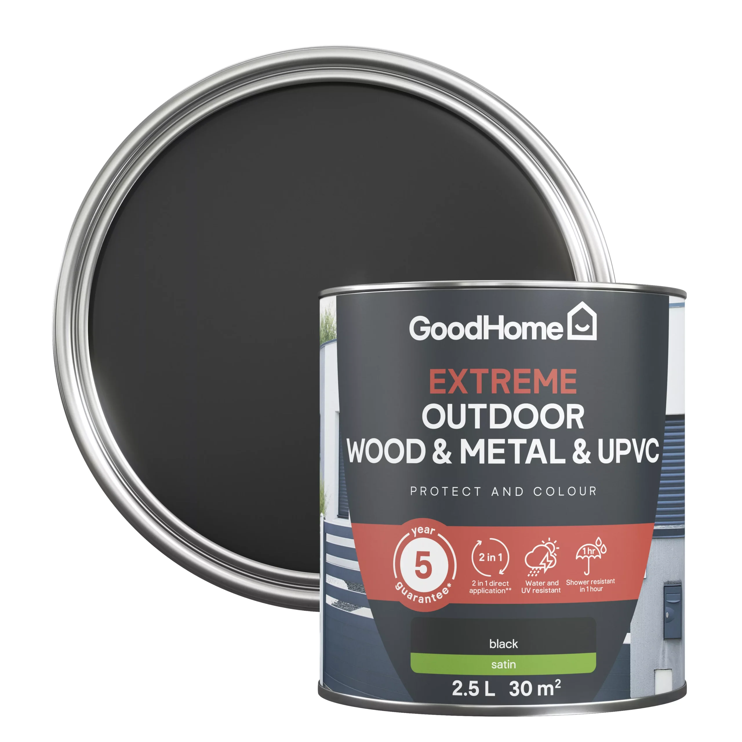 GoodHome Extreme Outdoor Black Satinwood Multi-surface Paint, 2.5L 1 GoodHome Extreme Outdoor Black Satinwood Multi-surface Paint, 2.5L