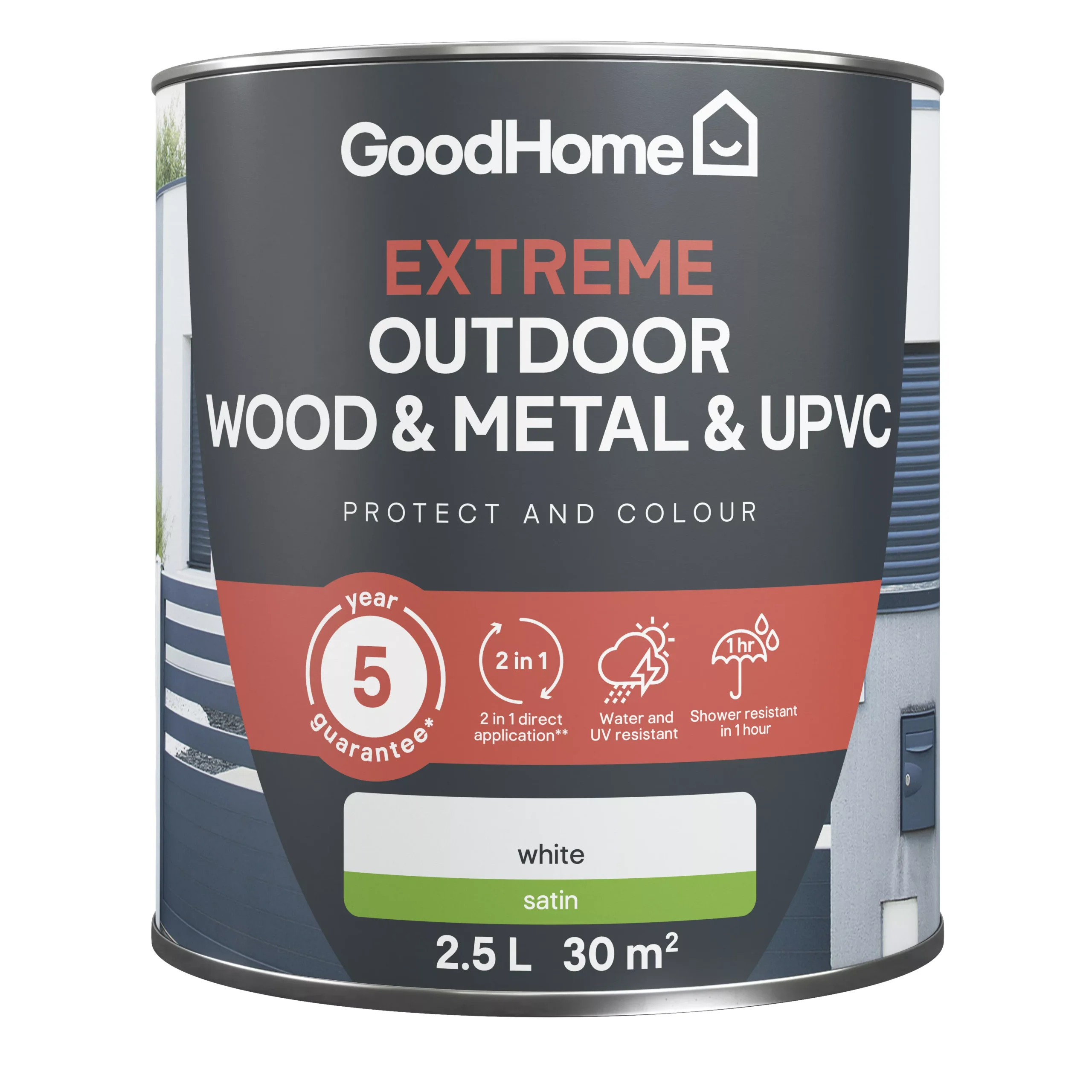 GoodHome Extreme Outdoor White Satinwood Multi-surface Paint, 2.5L 2 GoodHome Extreme Outdoor White Satinwood Multi-surface Paint, 2.5L - Image 2