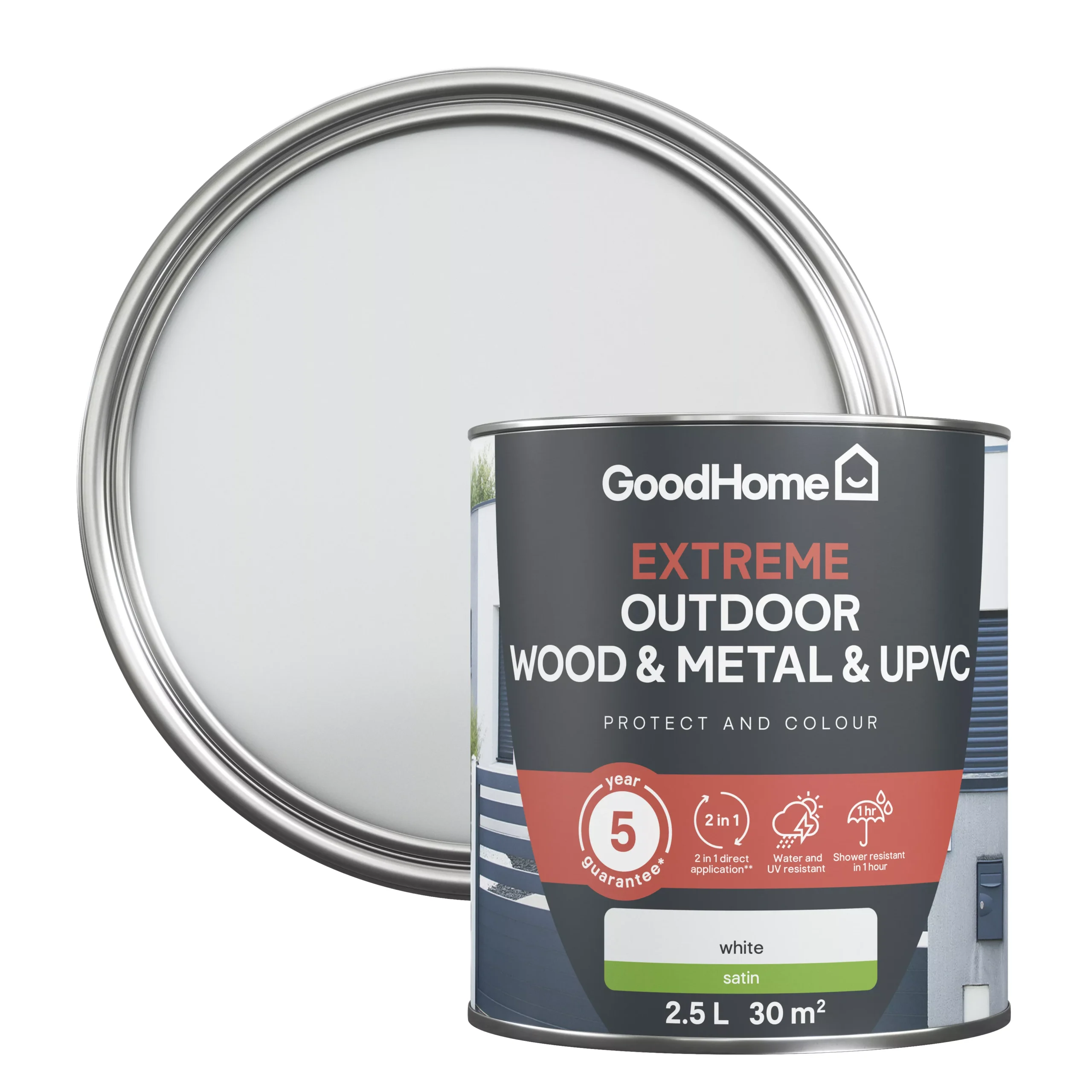 GoodHome Extreme Outdoor White Satinwood Multi-surface Paint, 2.5L 1 GoodHome Extreme Outdoor White Satinwood Multi-surface Paint, 2.5L