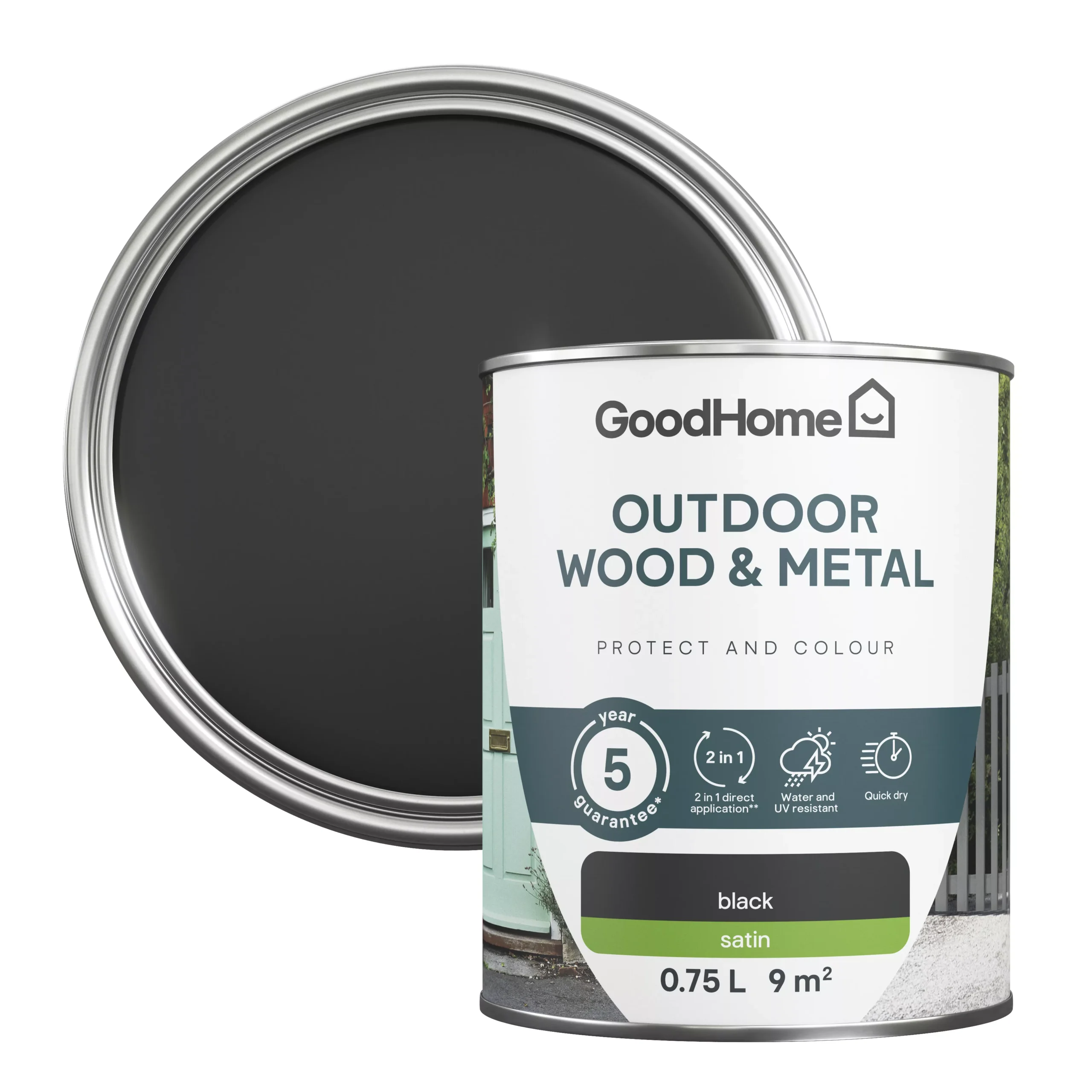 GoodHome Outdoor Black Satinwood Multi-surface Paint, 750ml 1 GoodHome Outdoor Black Satinwood Multi-surface Paint, 750ml