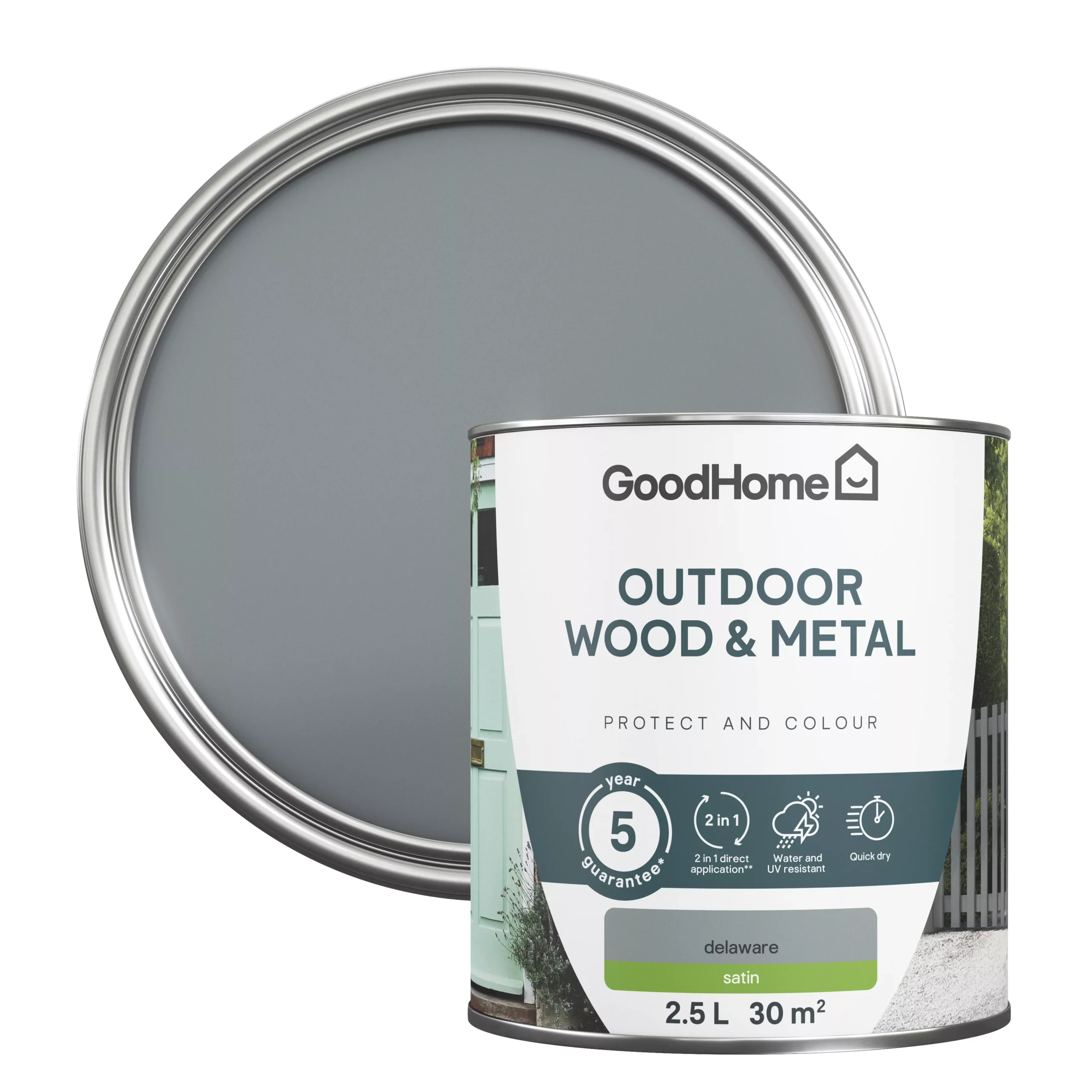 GoodHome Outdoor Delaware Satinwood Multi-surface Paint, 2.5L 1 GoodHome Outdoor Delaware Satinwood Multi-surface Paint, 2.5L