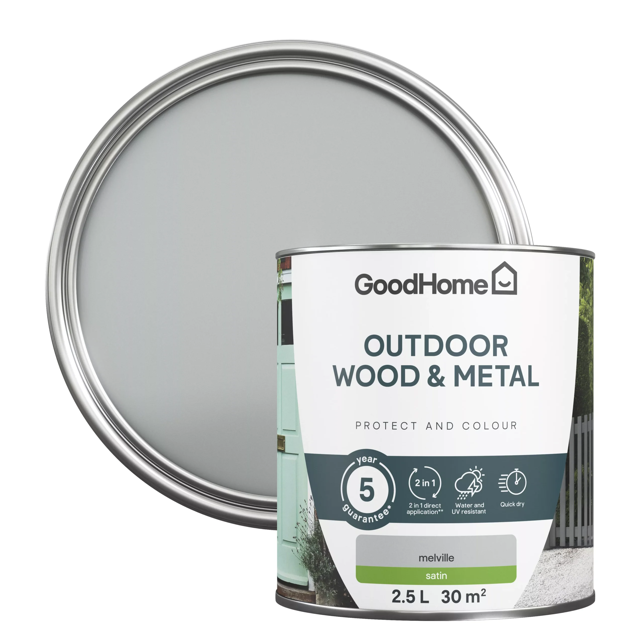GoodHome Outdoor Melville Satinwood Multi-surface Paint, 2.5L 1 GoodHome Outdoor Melville Satinwood Multi-surface Paint, 2.5L