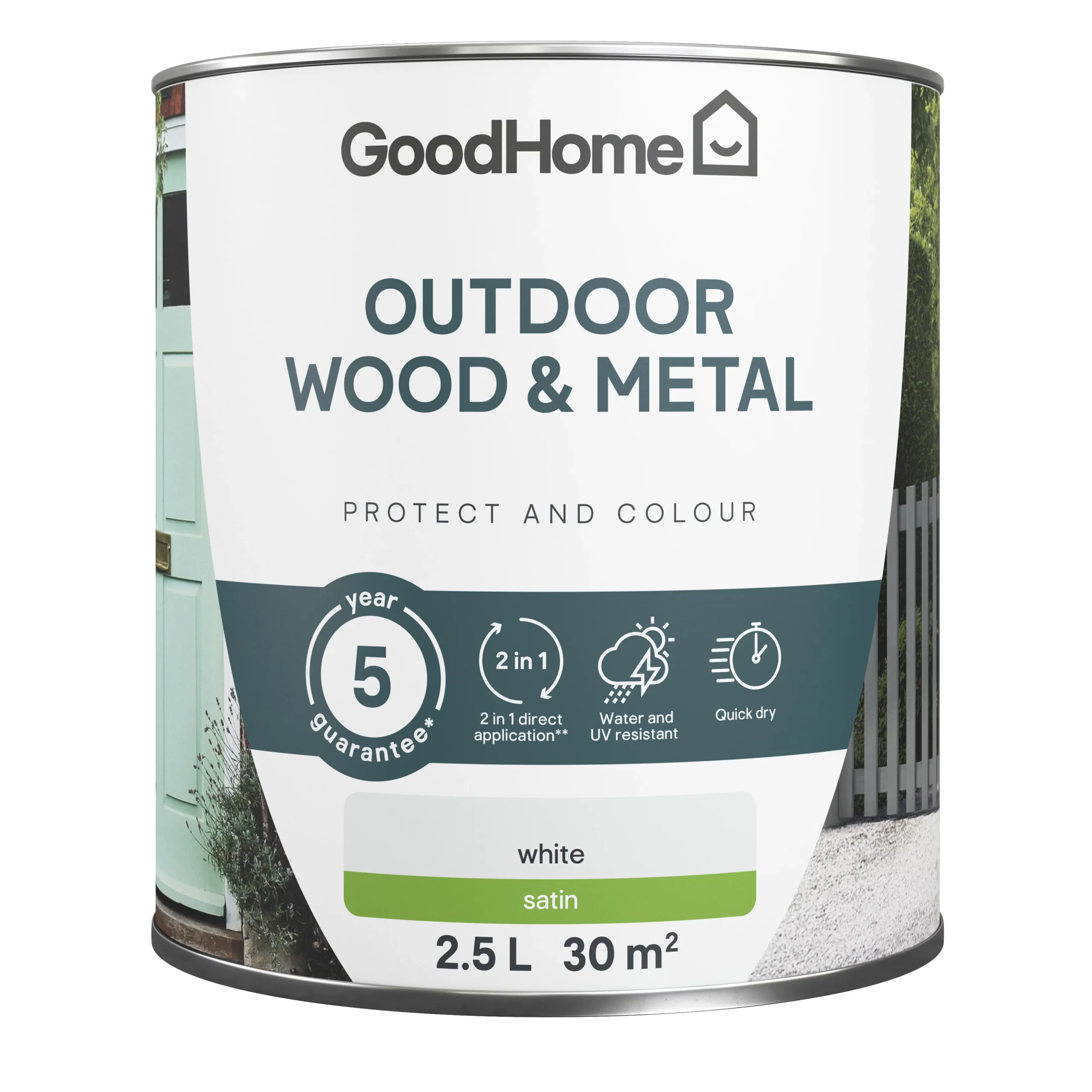 GoodHome Outdoor White Satinwood Multi-surface Paint, 2.5L 2 GoodHome Outdoor White Satinwood Multi-surface Paint, 2.5L - Image 2