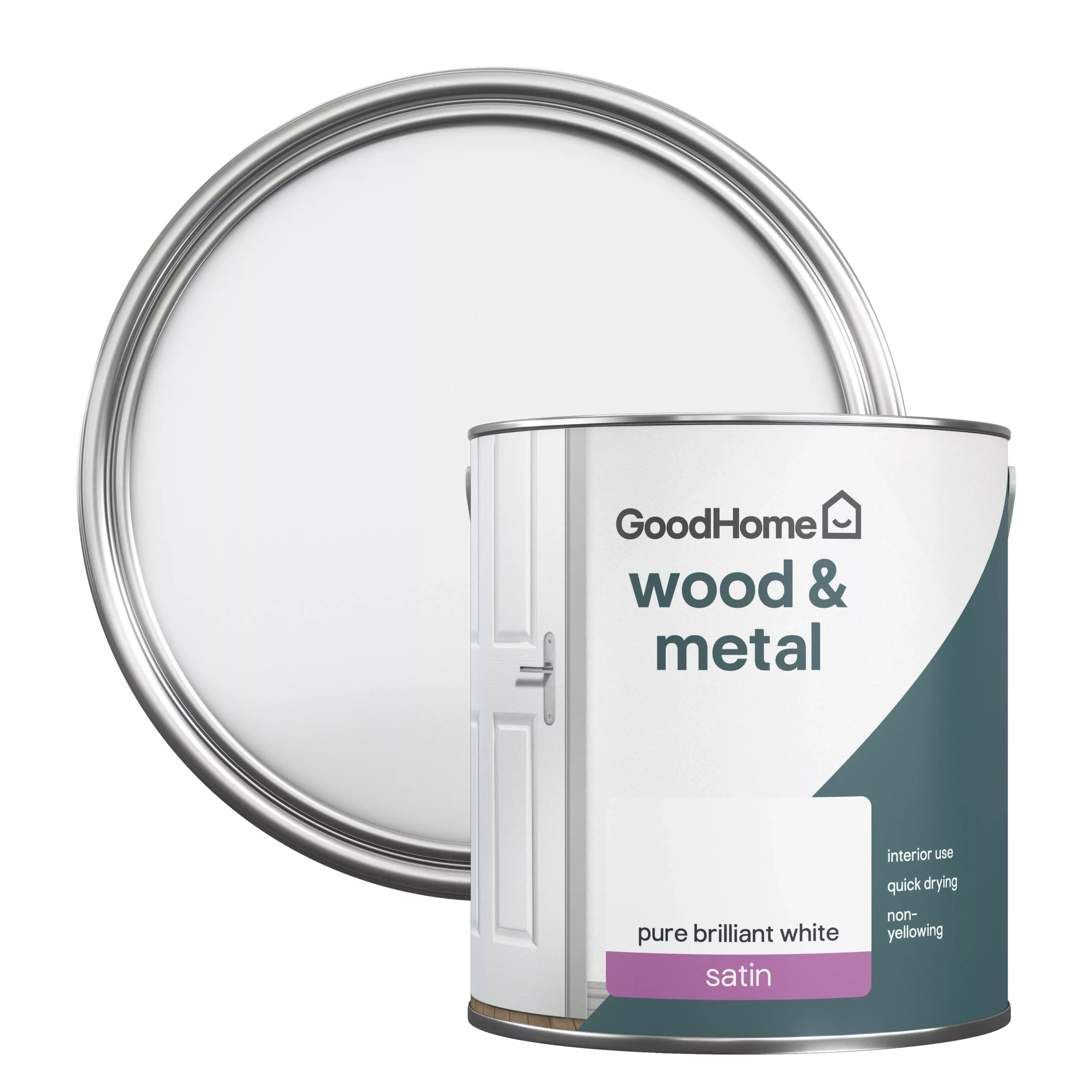 GoodHome Pure Brilliant White Satinwood Metal & Wood Paint, 2.5L 1 GoodHome Pure Brilliant White Satinwood Metal & Wood Paint, 2.5L
