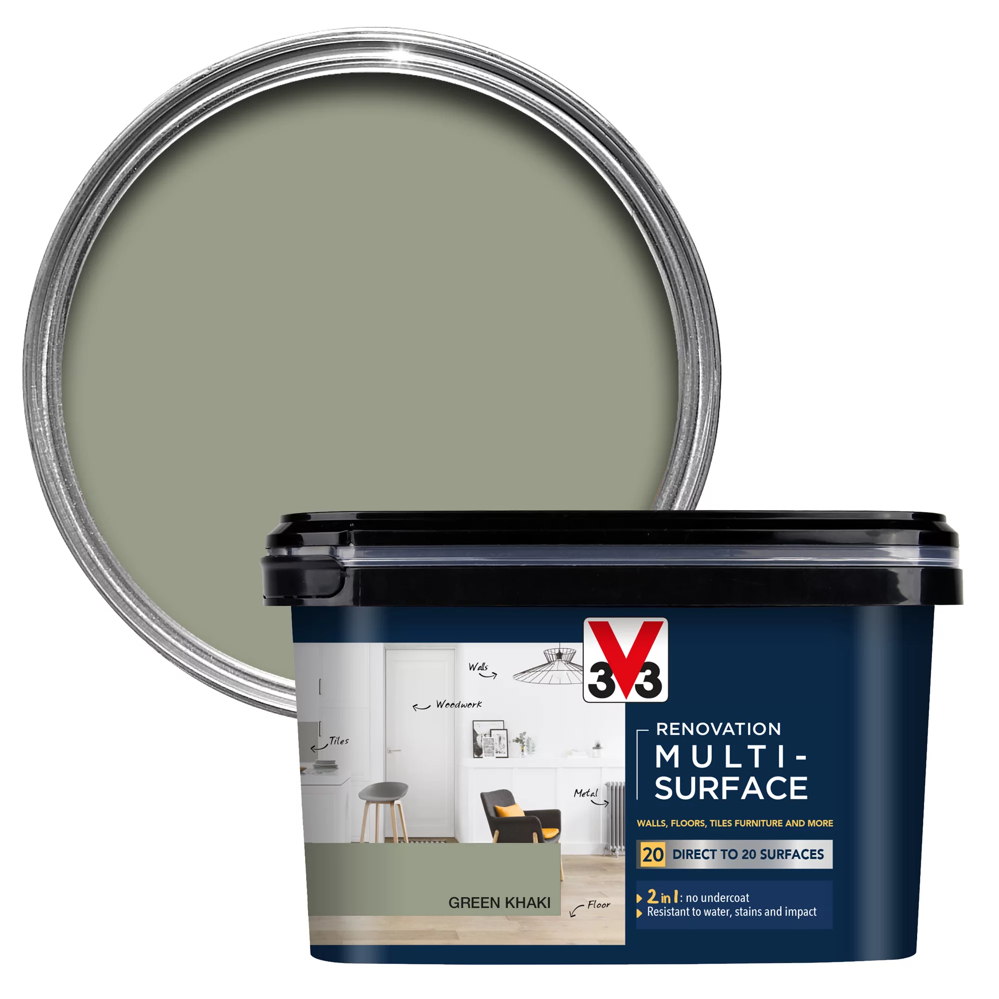 V33 Renovation Green Khaki Satinwood Multi-surface Paint, 2L 1 V33 Renovation Green Khaki Satinwood Multi-surface Paint, 2L