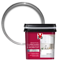 V33 Renovation White Satinwood Cupboard & Cabinet Paint, 750ml